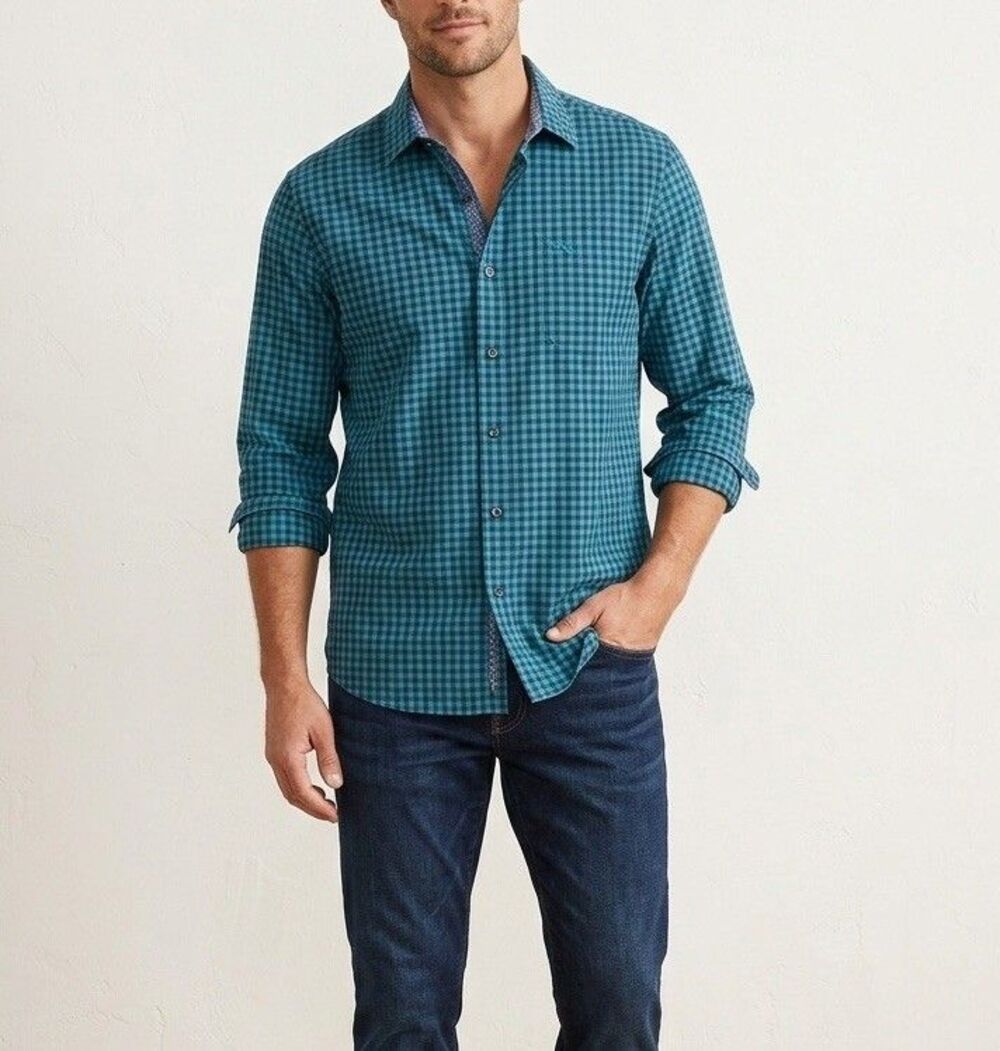 Tommy Bahama Casual Button Down Shirt Blue Plaid Checks Sz L Maid In Peru Cotton